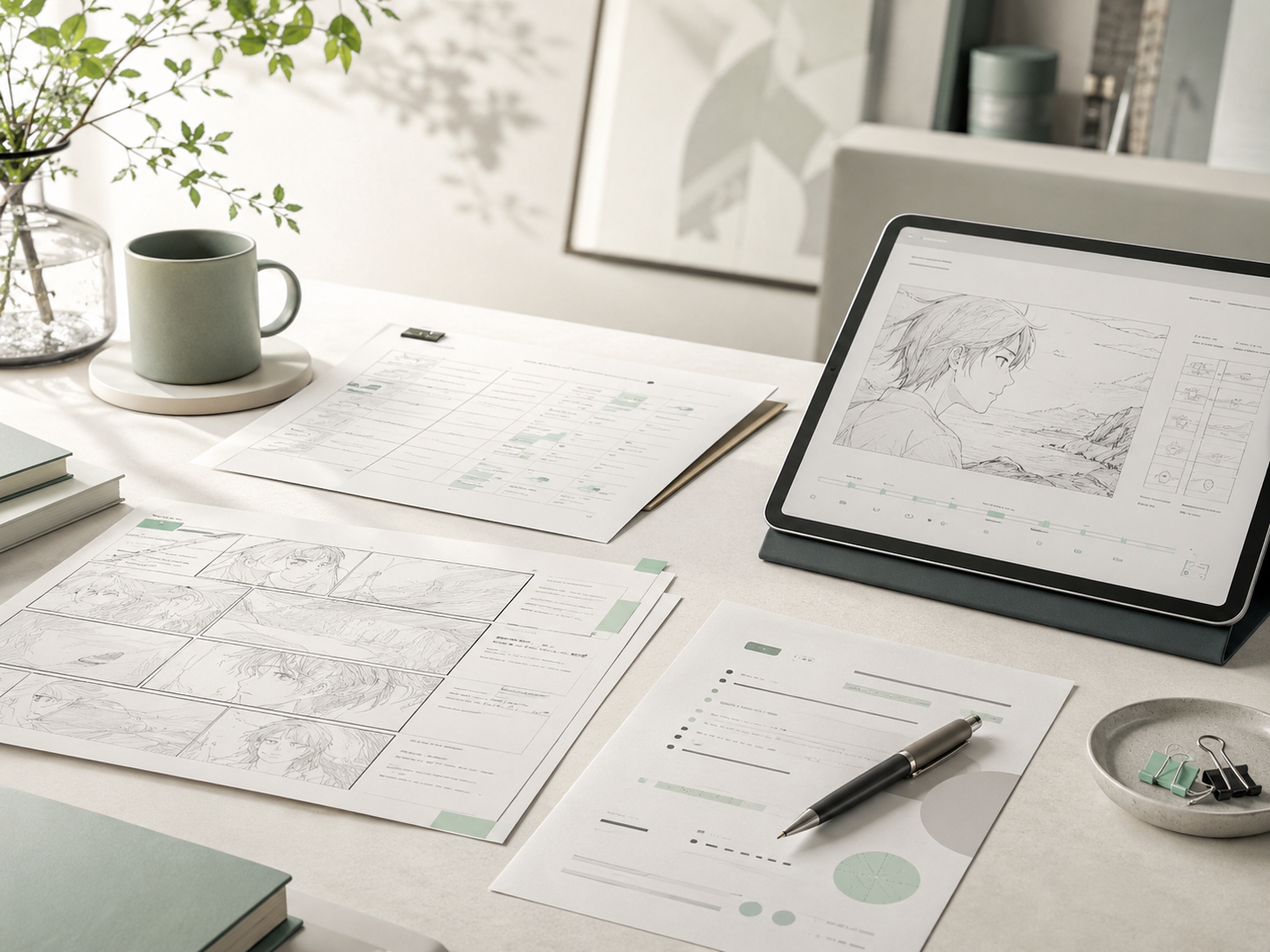 制作条件の整理シートと絵コンテ、タブレットが並ぶ相談デスクのビジュアル